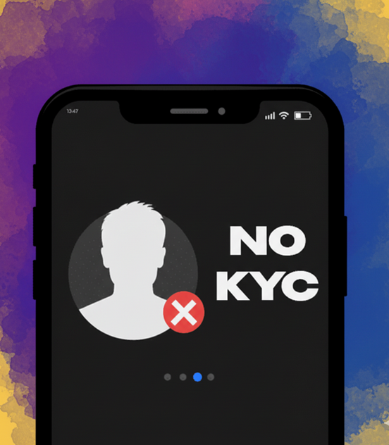 A phone screen showing 'NO KYC', emphasizing the anonymity of the virtual card